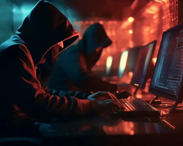 Dwóch hakerów w kapturach pracuje przy komputerach w ciemnym pomieszczeniu. W tle widać kolejne monitory. To obrazek ilustrujący, exploit co to jest.
