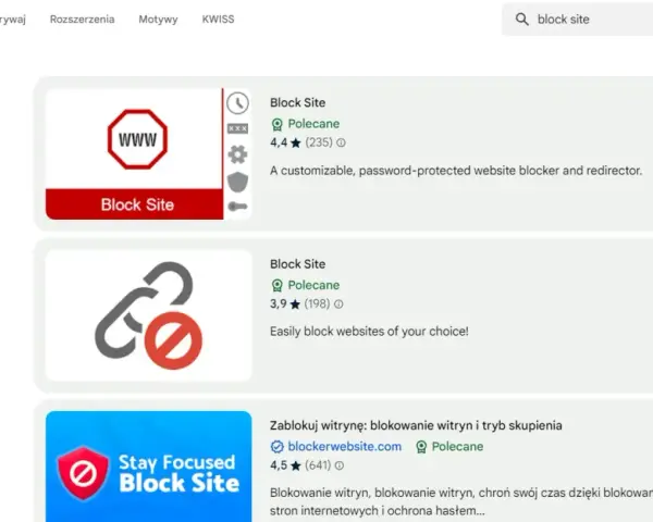 Szukasz sposobu, jak zablokować stronę internetową? W Chrome Web Store znajdziesz rozszerzenia "Block Site", które pomogą Ci w tym.