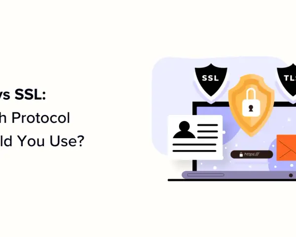 Ilustracja porównująca protokoły SSL i TLS, pokazująca ikony bezpieczeństwa, dane użytkownika i bezpieczne połączenie HTTPS.