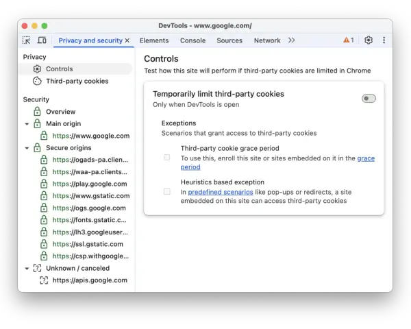 Panel "Privacy and security" w Chrome DevTools, pokazujący opcje tymczasowego ograniczania plików cookie stron trzecich.