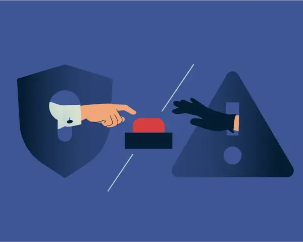 Ręka w białej koszuli naciska czerwony przycisk, podczas gdy ręka w czarnej rękawiczce próbuje go powstrzymać. Symbolizuje to walkę z atakami typu ip ddos.