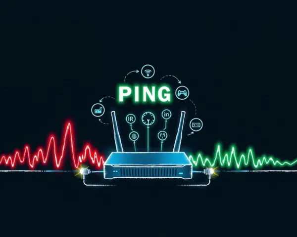 Router z ikonami symbolizującymi różne aktywności online, otoczony wykresami sygnału. Słowo "PING" świeci na zielono, sugerując szybkość połączenia.