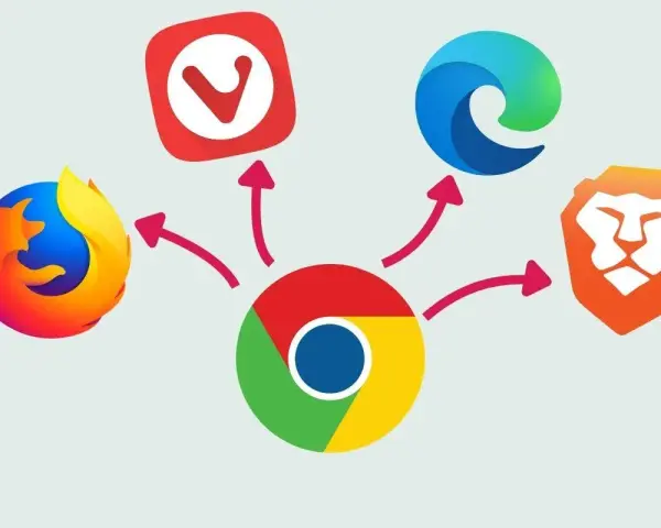 Ikony przeglądarek (Firefox, Vivaldi, Edge, Brave) otaczają logo Chrome, sugerując możliwości rozszerzeń na Androida.