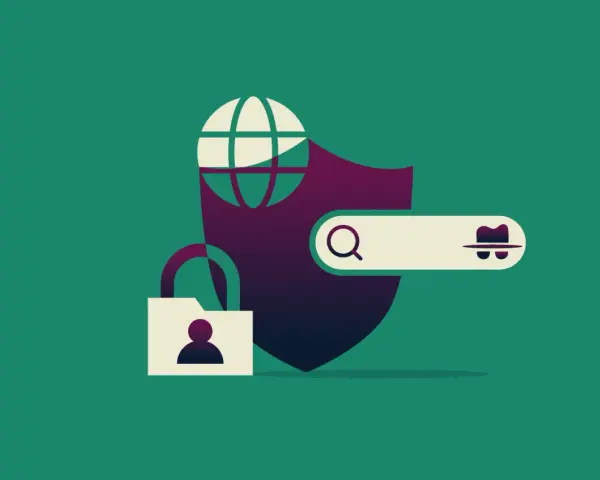 Ilustracja pokazuje, jak używać VPN: globus, tarcza, kłódka i pasek wyszukiwania z ikoną detektywa symbolizują bezpieczeństwo online.