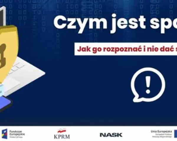 Ilustracja przedstawia laptopa z tarczą i kluczem, symbolizując bezpieczeństwo. Obok znajduje się smartfon z hasłem i kłódką, nawiązując do zagrożeń, takich jak ip spoofing.
