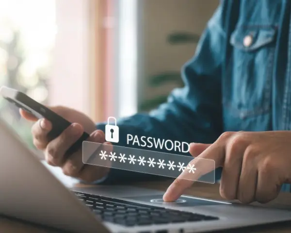 Osoba wpisuje hasło na laptopie, trzymając telefon. To dobry przykład, jak tworzyć silne hasło.