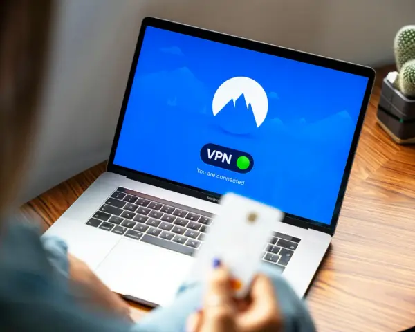 Osoba korzysta z laptopa z włączoną vpn przeglądarką. Na ekranie widnieje logo i komunikat "You are connected".