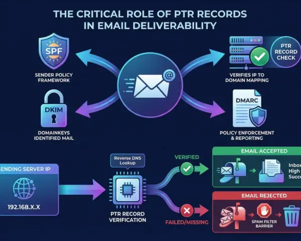 Schemat pokazuje, jak PTR record weryfikuje IP serwera pocztowego, wpływając na dostarczalność e-maili.