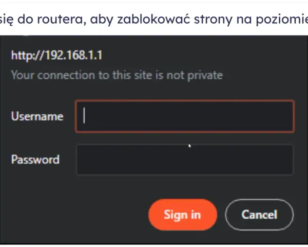 Zaloguj się do routera, aby zablokować strony. Ekran logowania do routera z polami Username i Password.