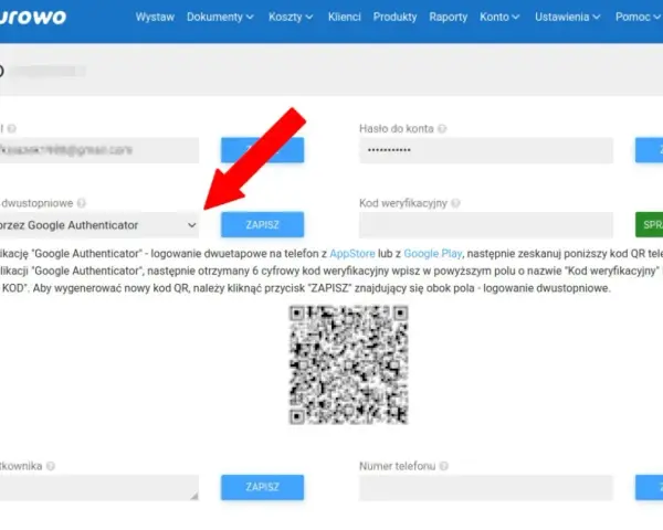Ustawienia dwuetapowe konta Fakturowo. Jak odzyskać dostęp? Skonfiguruj Google Authenticator, zeskanuj kod QR i wpisz kod weryfikacyjny.