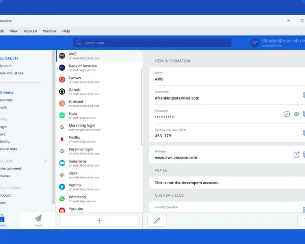 Bitwarden – darmowy menedżer haseł, gdzie przechowujesz dane logowania do AWS, Github i innych.
