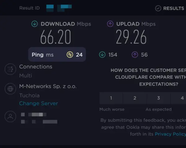 Wynik testu prędkości internetu: ping 24 ms, pobieranie 66.20 Mbps, wysyłanie 29.26 Mbps. Jak sprawdzić ping?