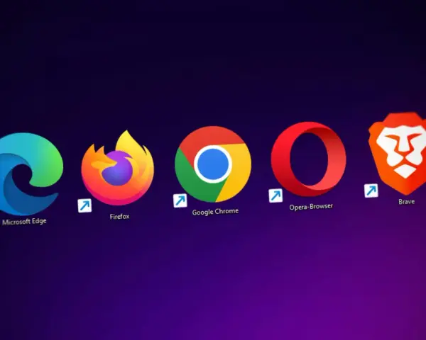 Ikony popularnych rodzajów przeglądarek internetowych: Microsoft Edge, Firefox, Google Chrome, Opera i Brave.