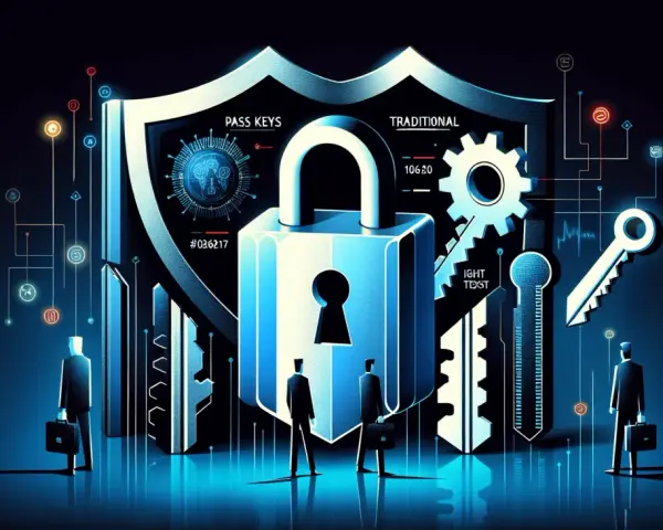 Cyberbezpieczeństwo: wielka kłódka, klucze i ludzie w garniturach symbolizują potrzebę mocne hasło.