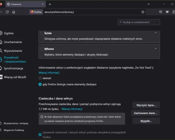 Ustawienia prywatności Firefoksa. Sekcja "Ciasteczka i dane witryn" pokazuje, jak wyczyścić pliki cookies Firefox, dane i pamięć podręczną.