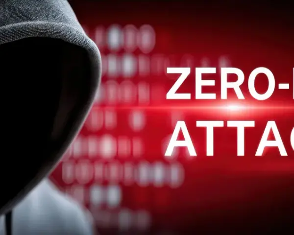 Sylwetka hakera w kapturze na tle czerwonego ekranu z napisem "ZERO-DAY ATTACK" i rozmytym kodem binarnym.
