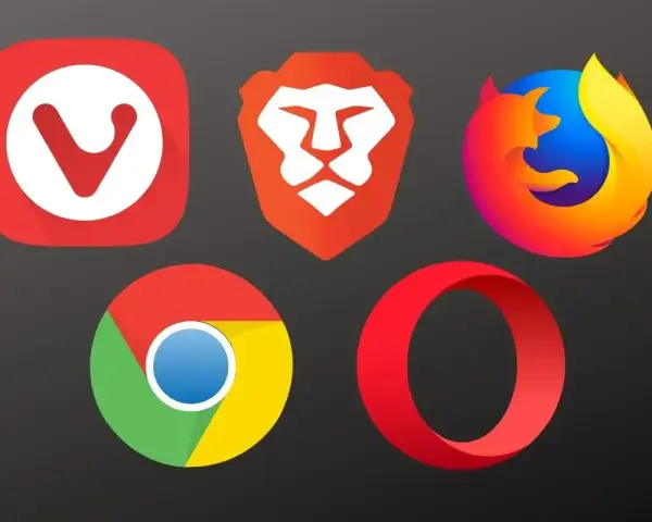 Ikony popularnych przeglądarek internetowych: Vivaldi, Brave, Firefox, Chrome, Opera. Wybierz najlepsze przeglądarki internetowe dla siebie.