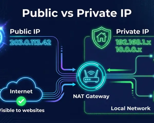 Ilustracja pokazuje, jak sprawdzić IP internetu: publiczne IP jest widoczne dla stron, prywatne IP jest w sieci lokalnej za NAT Gateway.