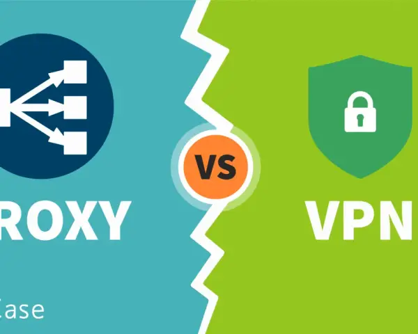 Porównanie różnych rodzajów VPN: Proxy vs VPN. Ikona przekierowania ruchu vs ikona tarczy z kłódką.