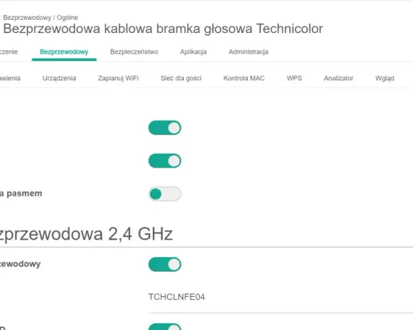 Konfiguracja technicolor routera: włączanie Wi-Fi, podział SSID i zarządzanie pasmem 2,4 GHz.