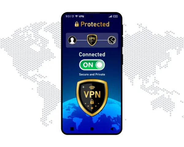 Telefon z włączoną przeglądarką z VPN. Połączenie aktywne, chronione i prywatne.