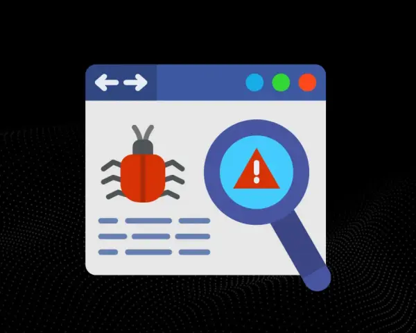 Grafika przedstawia okno przeglądarki z ikoną robaka i lupą wskazującą na ostrzeżenie. To wizualizacja problemu: malware co to jest i jak go wykryć.