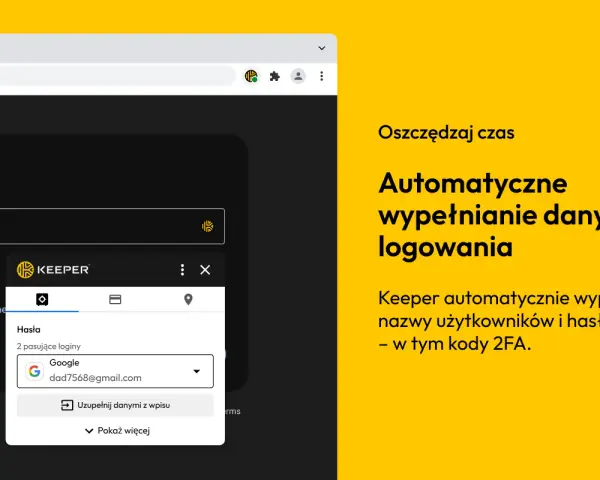Keeper ułatwia zarządzanie hasłami, automatycznie wypełniając dane logowania do Google i innych serwisów.
