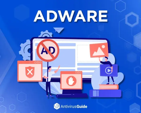 Ilustracja przedstawia walkę z **adware wirusem**. Ludziki blokują reklamy i chronią komputer przed zagrożeniami.
