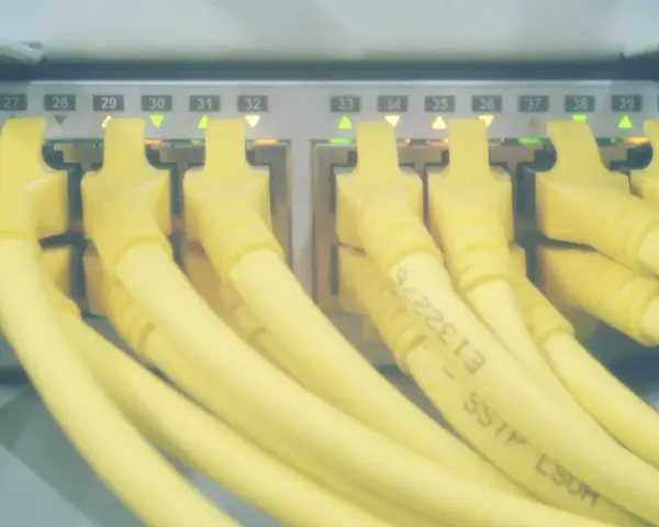 Żółte kable sieciowe podłączone do portów serwera. Zielone i pomarańczowe diody sygnalizują aktywność, a numery portów od 24 do 42 wskazują, które hosts windows są podłączone.