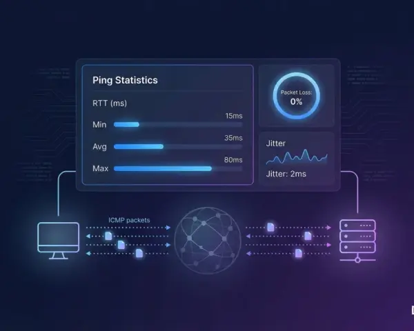 Wykres pokazuje, jak sprawdzić stabilność internetu: niski ping, 0% utraty pakietów i mały jitter.
