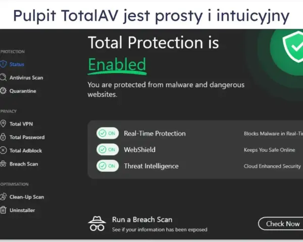 Interfejs programu TotalAV pokazuje, co to jest antywirus: ochrona w czasie rzeczywistym, WebShield i Threat Intelligence.