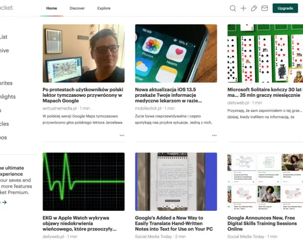 Zapisane strony: artykuły o protestach w Google Maps, aktualizacji iOS, grze Solitaire, EKG w Apple Watch, tłumaczeniu notatek i szkoleniach online.