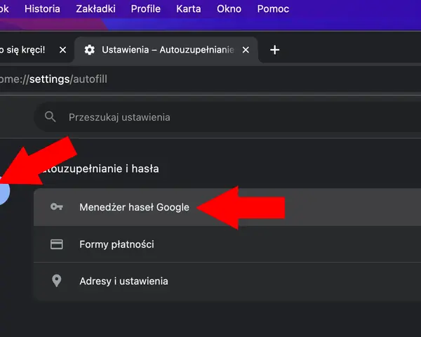 Ustawienia autouzupełniania i haseł w przeglądarce Chrome. Wskazane opcje to "Autouzupełnianie i hasła" oraz "Menedżer haseł Google".