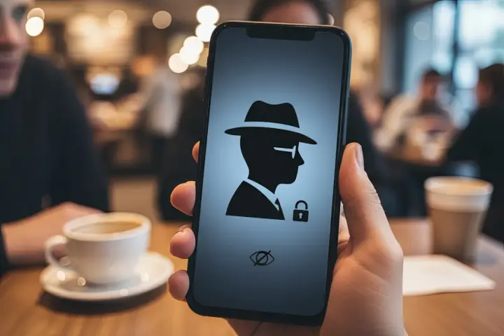 Telefon z ikoną szpiega i kłódką, symbolizującą tryb incognito na telefonie.
