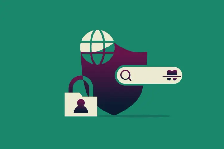 Ilustracja pokazuje, jak używać VPN: globus, tarcza, kłódka i pasek wyszukiwania z ikoną detektywa symbolizują bezpieczeństwo online.