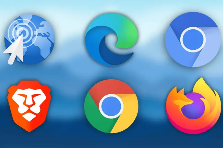 Ikony przeglądarek: Brave, Edge, Chrome, Chrome, Internet Explorer, Firefox. Jaka jest najszybsza przeglądarka?