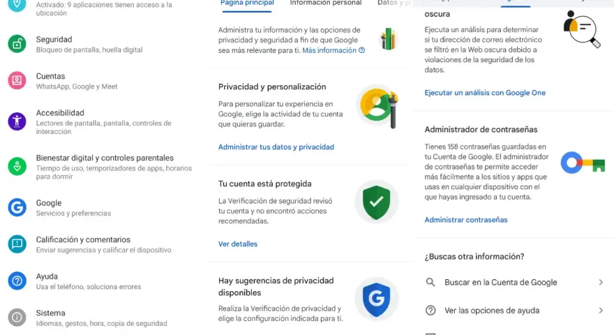 Gdzie są zapisane hasła? Na ekranie "Konto Google" w sekcji "Bezpieczeństwo" znajduje się "Administrator haseł", gdzie masz 158 zapisanych haseł.