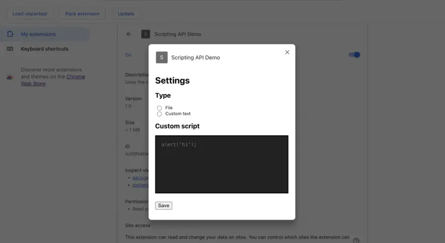 Ustawienia rozszerzenia "Scripting API Demo" w trybie deweloperskim, z polem na własny skrypt, zgodne z manifest v3.