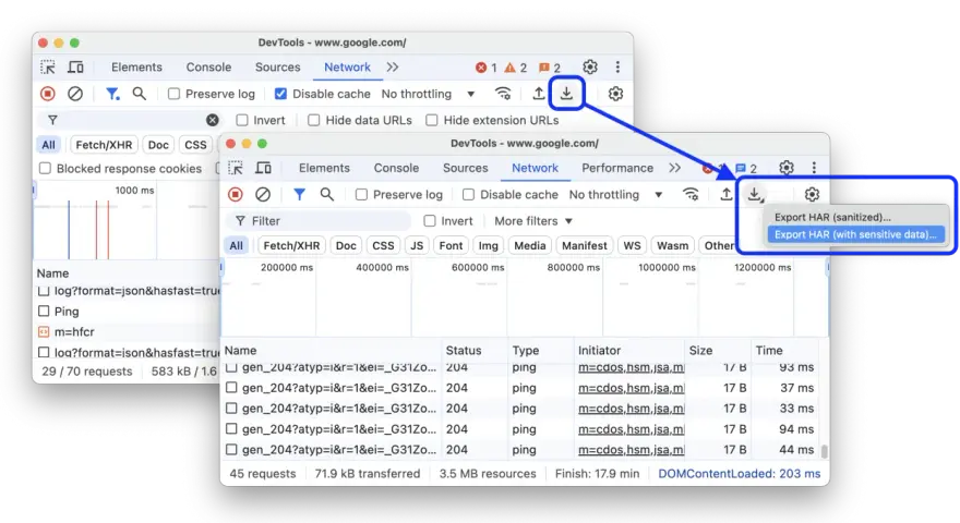 Narzędzie deweloperskie Chrome pokazuje opcję eksportu danych sieciowych. Synchronizacja zakładek Chrome jest kluczowa dla zachowania ustawień.