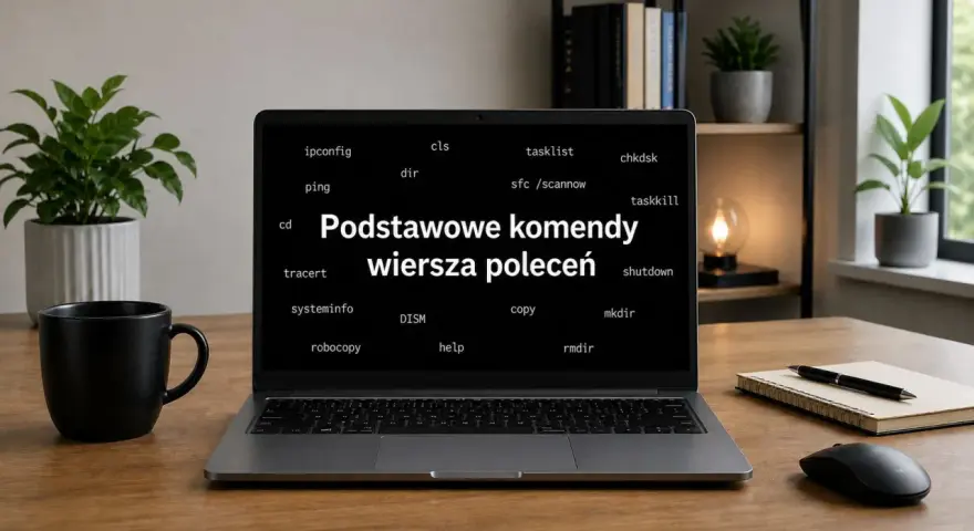 Laptop z wyświetlonymi komendami wiersza poleceń Windows, w tym ping, tracert i traceroute.