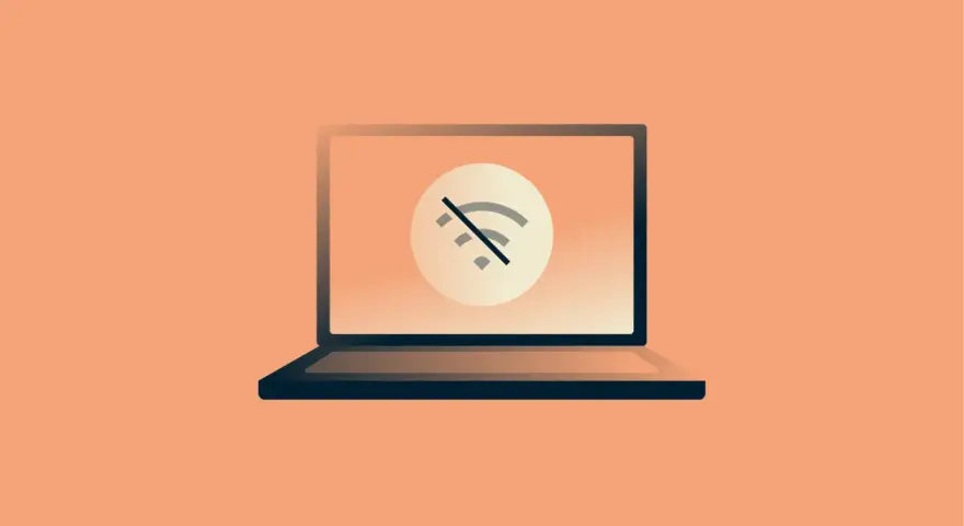 Laptop z symbolem przekreślonego Wi-Fi. Brak internetu uniemożliwia pracę.