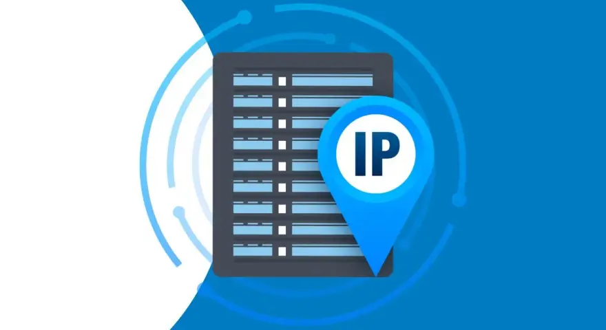 Ikona lokalizacji z napisem IP na tle serwerowni. Symbolizuje publiczny IP i dostęp do sieci.