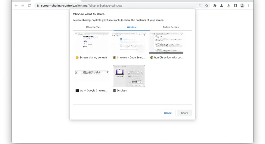 Okno dialogowe Chrome pozwala wybrać, co udostępnić. Widoczne są miniatury kart, w tym "Screen sharing controls" i "Chromium Code Search", przypominające historię przeglądania.