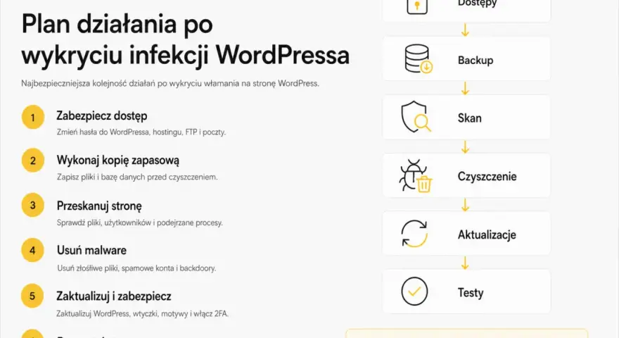 Plan działania po infekcji WordPressa: zabezpiecz dostęp, backup, skanuj, usuń malware (w tym backdoory), aktualizuj i testuj.
