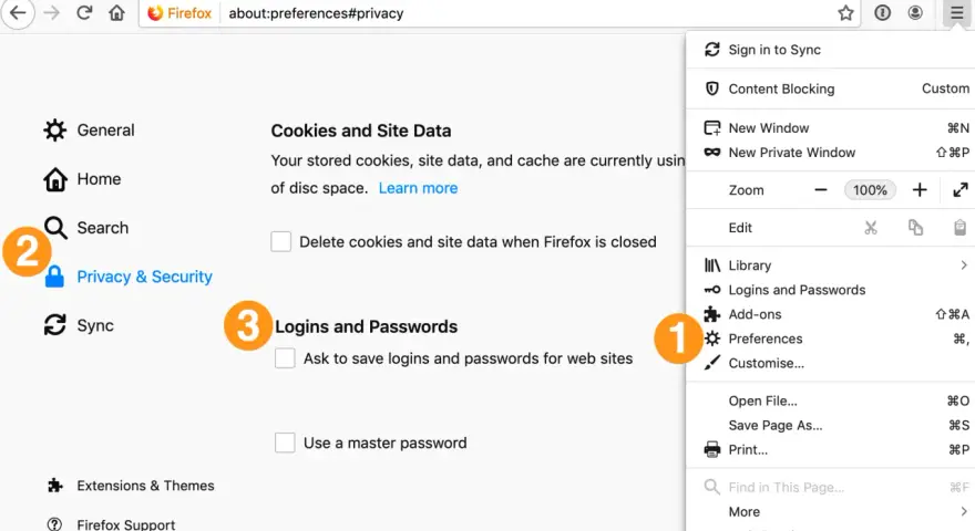 Ustawienia Firefoxa: opcje "Logins and Passwords" i "Preferences" są widoczne. Można tu zarządzać hasłami Google i innymi danymi logowania.