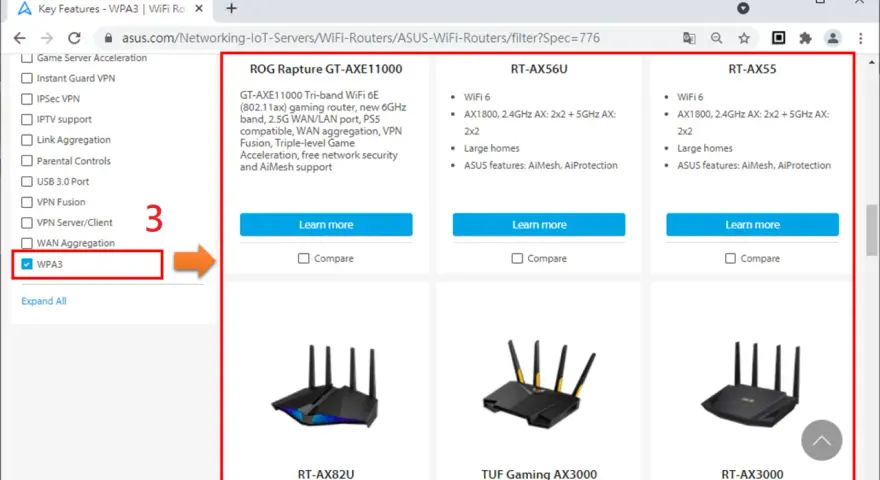 Porównanie routerów z WPA3 i WPA2. Widoczne filtry i modele routerów ASUS.