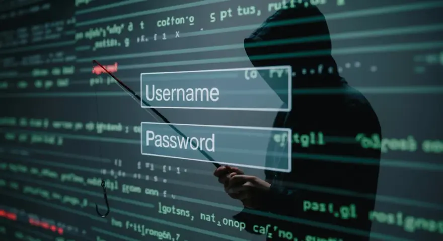 Sylwetka hakera w kapturze celuje wędką z haczykiem w pola logowania "Username" i "Password", symbolizując atak socjotechniczny.