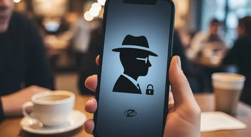 Telefon z ikoną szpiega i kłódką, symbolizującą tryb incognito na telefonie.