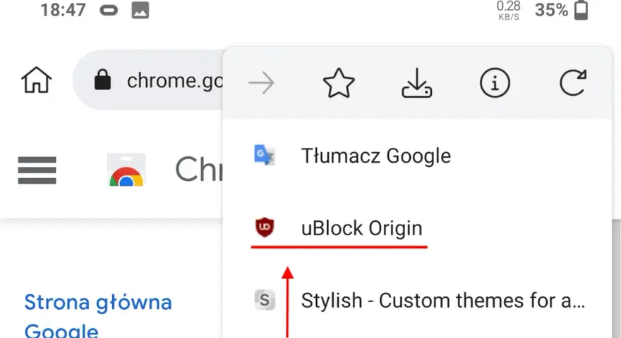 Rozszerzenia Chrome na telefonie: Tłumacz Google, uBlock Origin i Stylish.