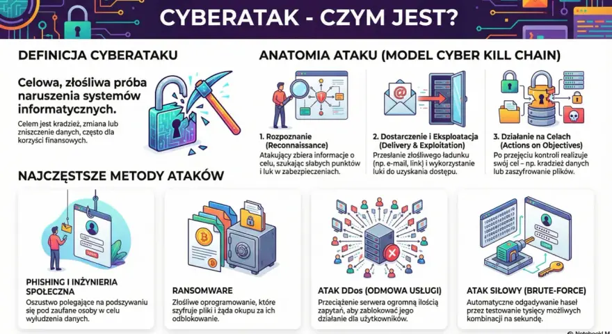 Cyberatak to celowa, złośliwa próba naruszenia systemów informatycznych, często w celu kradzieży danych. Grafika pokazuje jego definicję i metody.